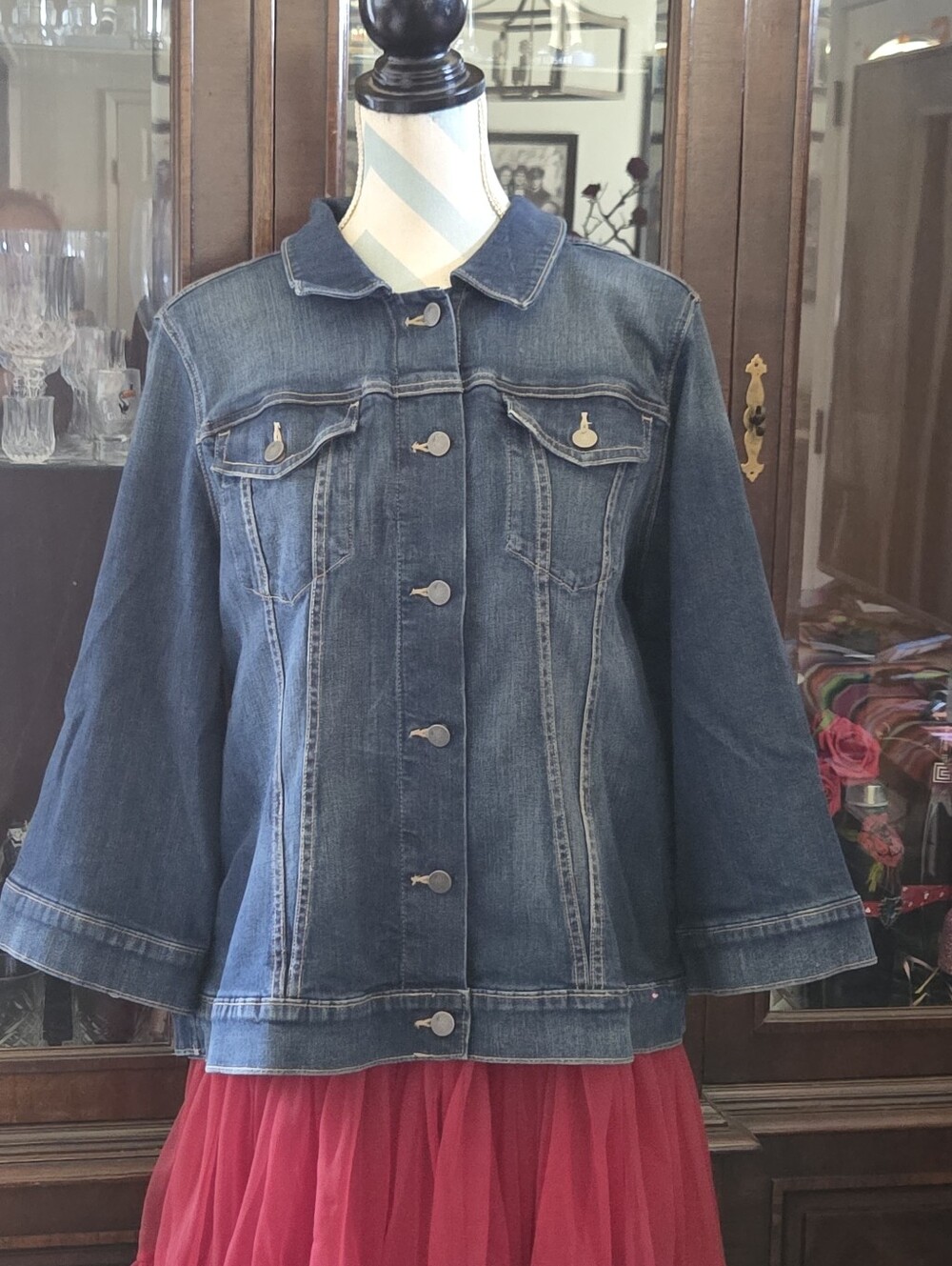 Vera Wang Simply Vera Denim Moto Jacket XL Flare Bell Sleeves Zip Details